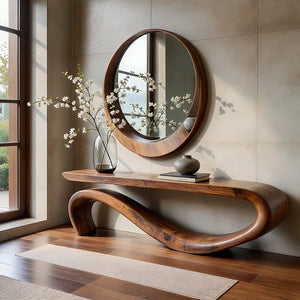 Handcrafted Organic Solid Wood Console Table with Flowing Loop Base
