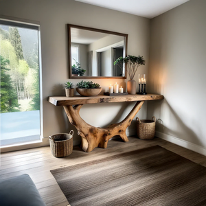 Rustic Live Edge Solid Wood Console Table with Natural Branch Base