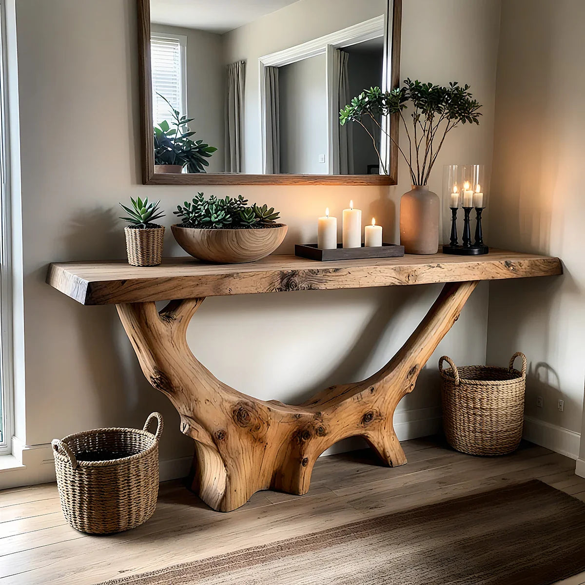 Rustic Live Edge Solid Wood Console Table with Natural Branch Base