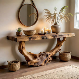 Handcrafted Live Edge Wood Console Table with Sculptural Root Base