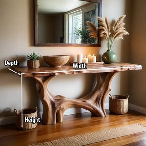 Modern Organic Live Edge Console Table with Sculpted Solid Wood Base