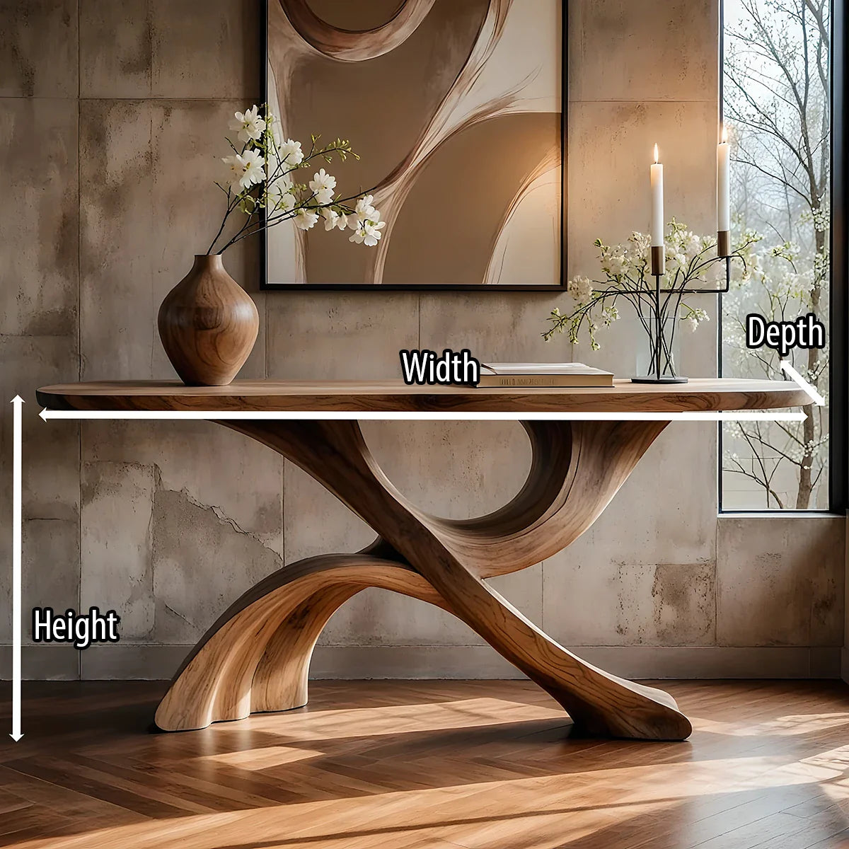 Contemporary Sculptural Solid Wood Console Table with Curved Arch Base