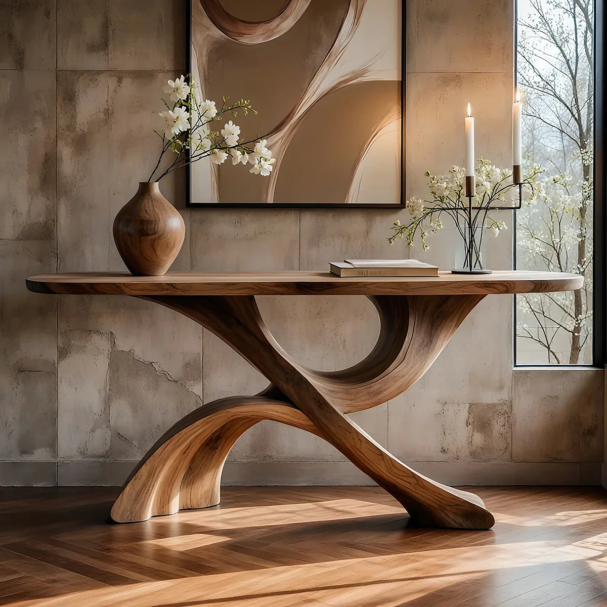 Contemporary Sculptural Solid Wood Console Table with Curved Arch Base