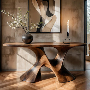 Luxury Sculptural Solid Wood Console Table with Artistic Double Pedestal Base