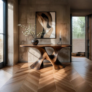 Luxury Sculptural Solid Wood Console Table with Artistic Double Pedestal Base