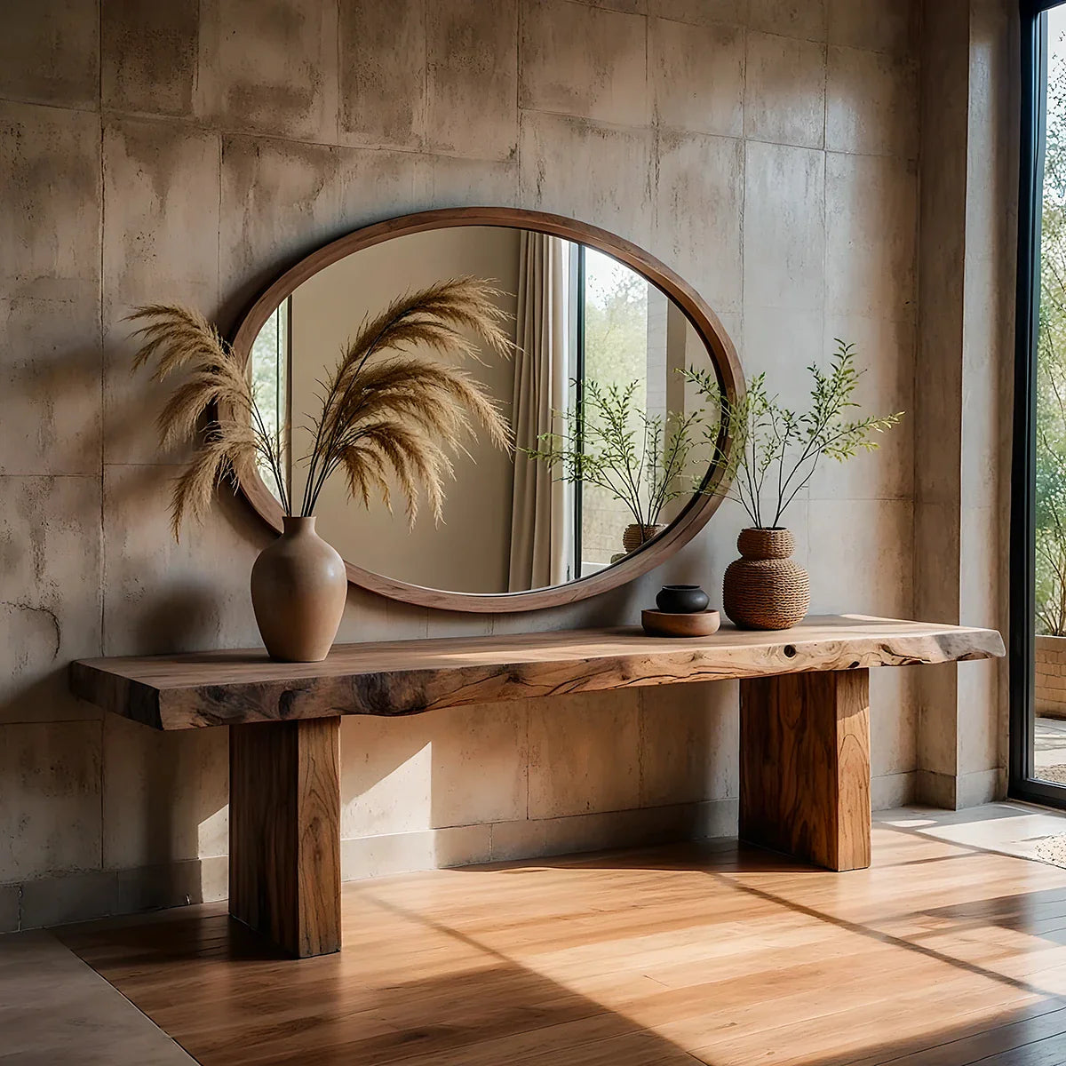 Rustic Live Edge Solid Wood Console Table with Block Legs