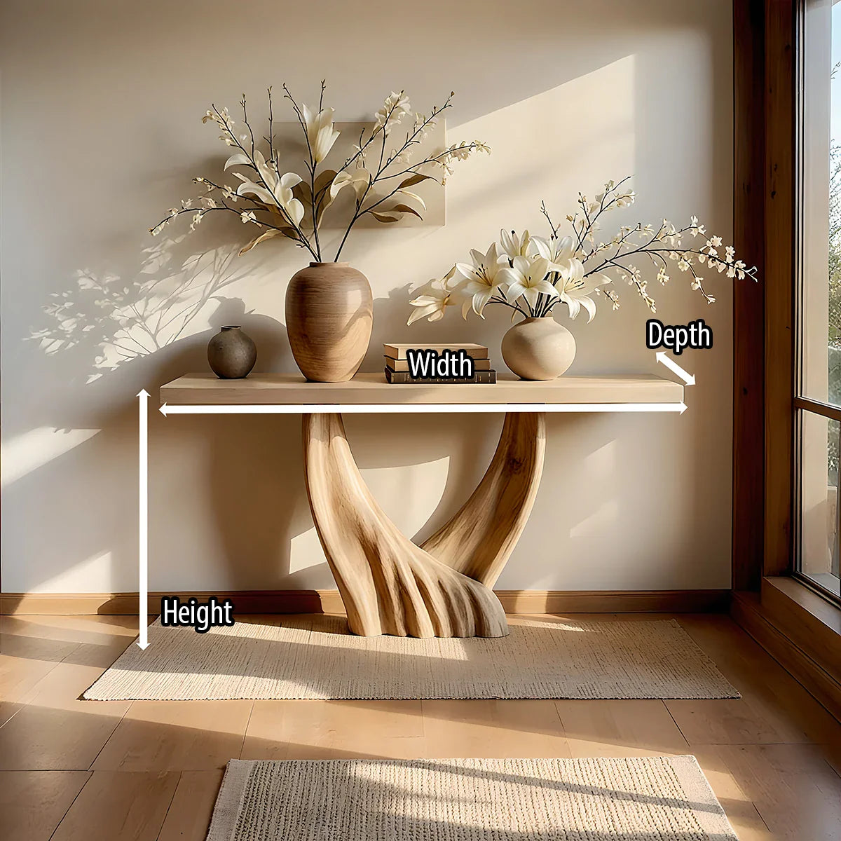 Modern Organic Solid Wood Console Table with Sculpted Flow Base