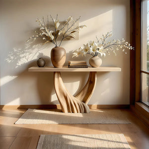 Modern Organic Solid Wood Console Table with Sculpted Flow Base