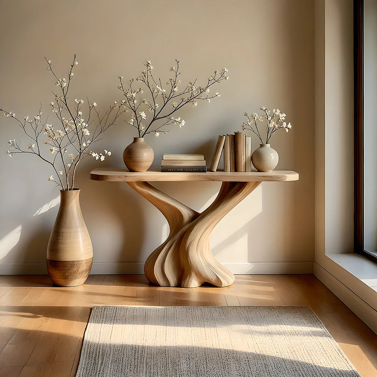 Modern Organic Solid Wood Console Table with Sculpted Wave Base