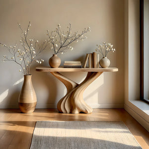 Modern Organic Solid Wood Console Table with Sculpted Wave Base