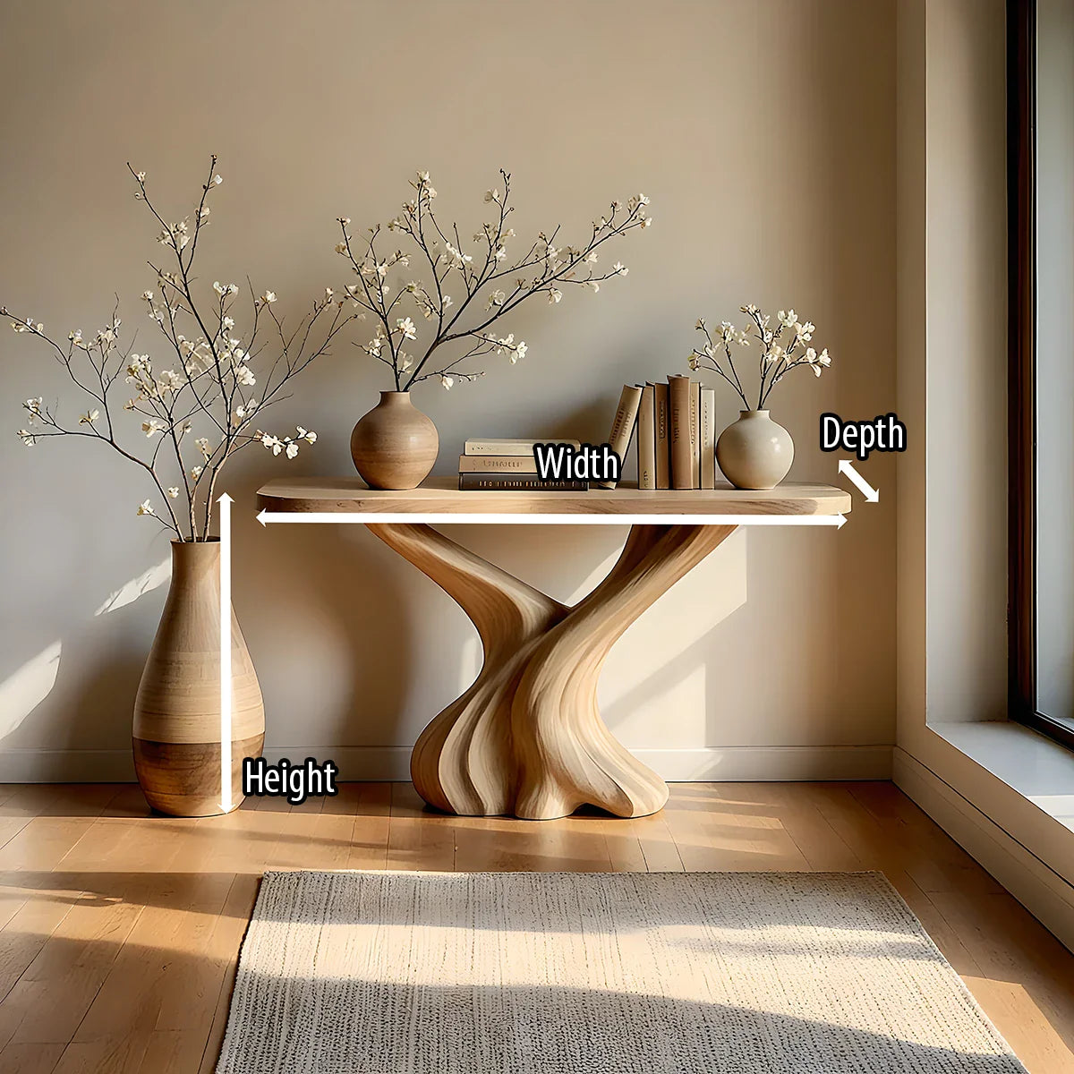 Modern Organic Solid Wood Console Table with Sculpted Wave Base