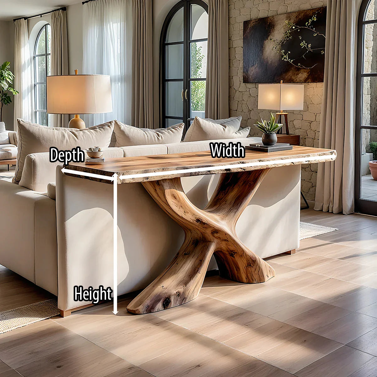 Live Edge Solid Wood Sofa Console Table with Sculptural Cross Base