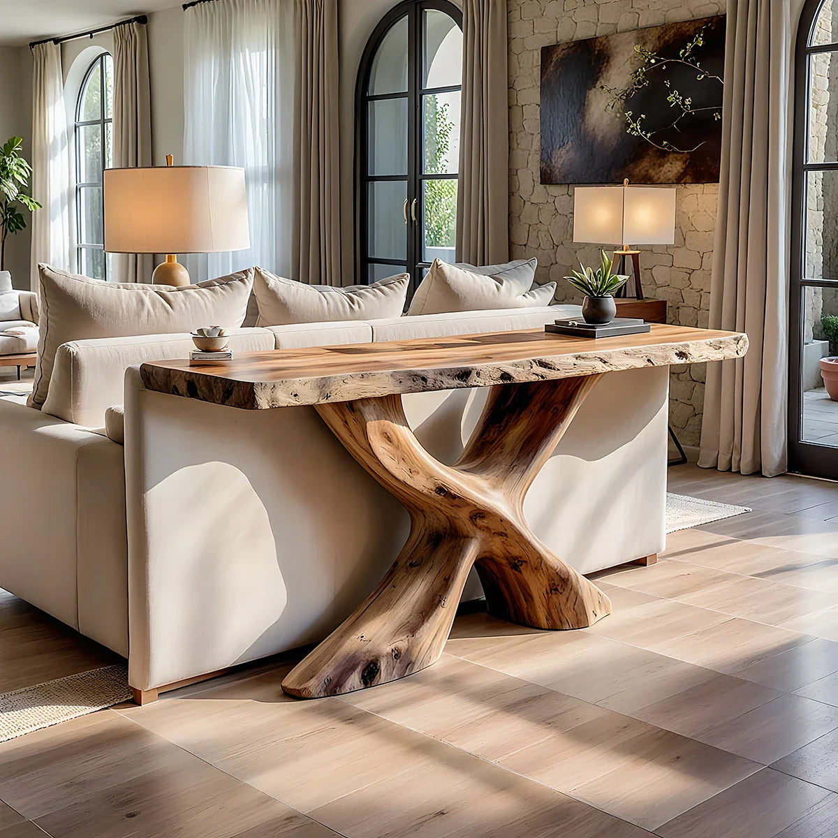 Live Edge Solid Wood Sofa Console Table with Sculptural Cross Base