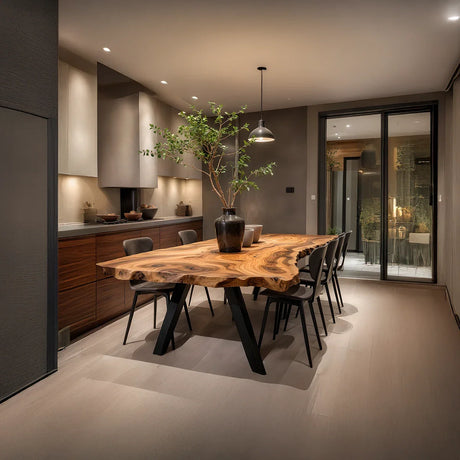 Live Edge Solid Wood Dining Table with Sculptural X Base for Modern Homes