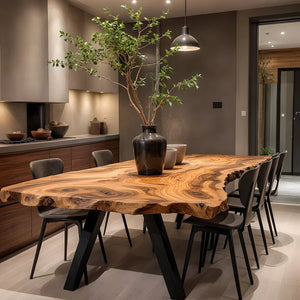 Live Edge Solid Wood Dining Table with Sculptural X Base for Modern Homes