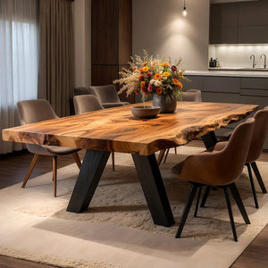 Live Edge Solid Wood Dining Table with Natural Slab for Modern Home