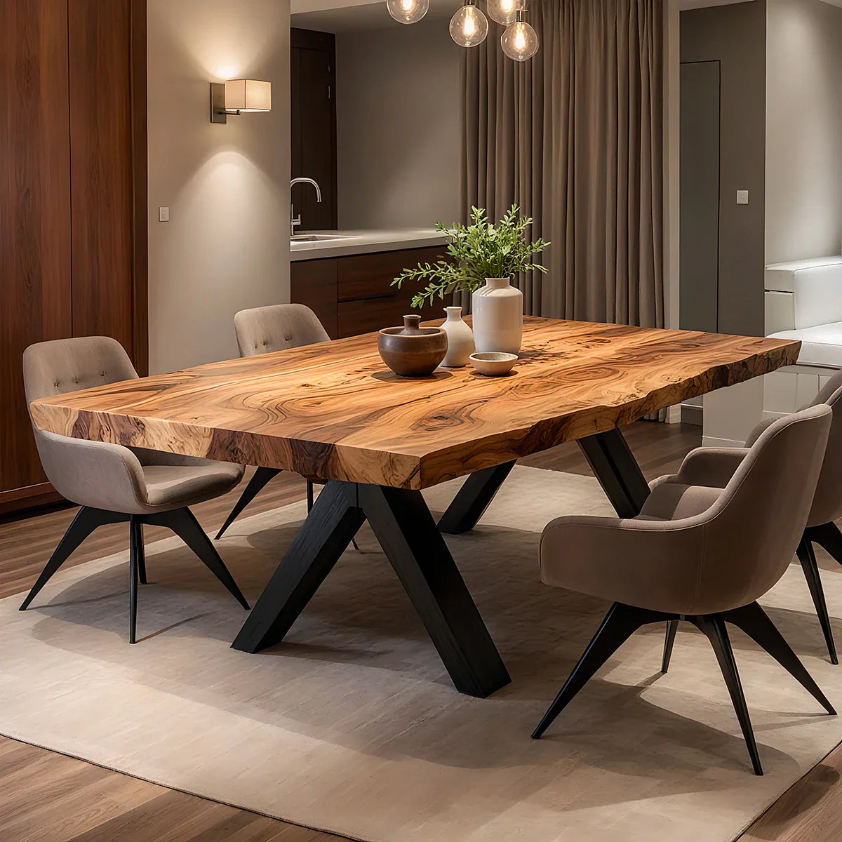 Solid Wood Dining Table with Sculpted Slab Top for Modern Interior