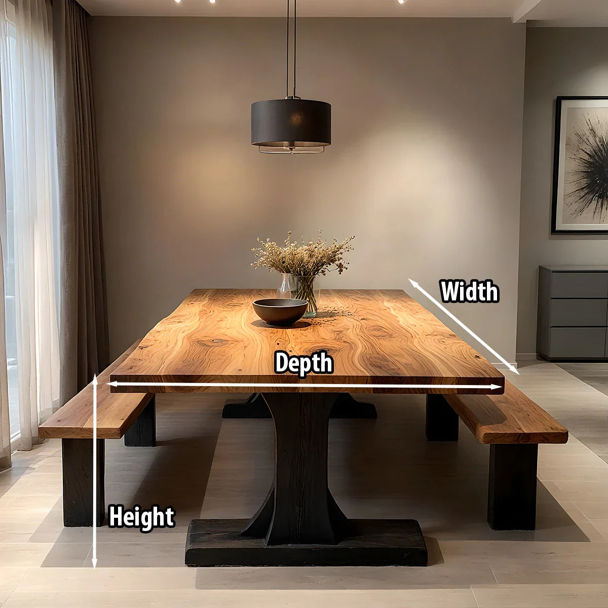 Live Edge Solid Wood Dining Table with Monolithic Pedestal for Modern Home