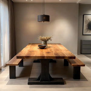 Live Edge Solid Wood Dining Table with Monolithic Pedestal for Modern Home