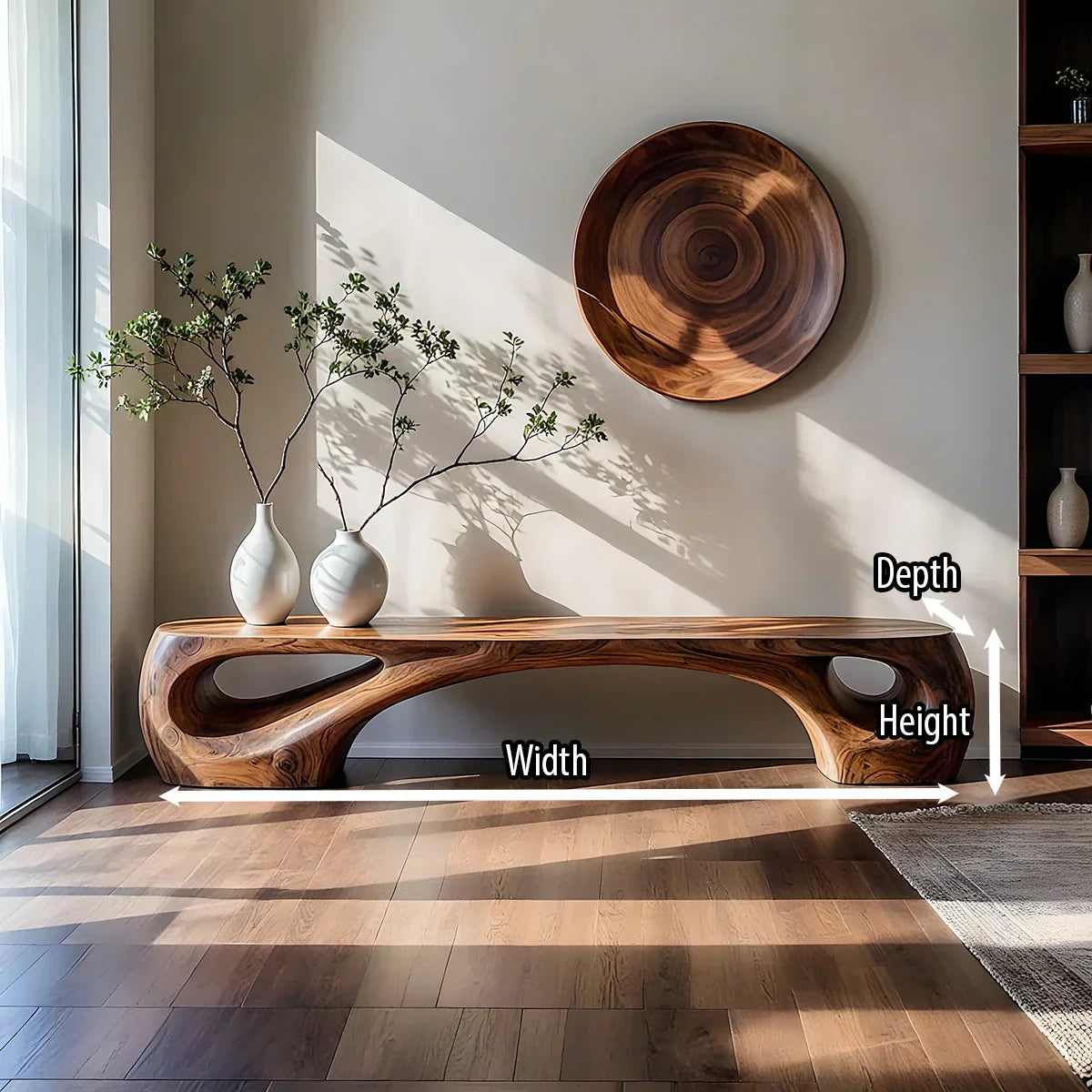 Sculptural Solid Wood Bench with Twin Cutouts for Modern Living Room