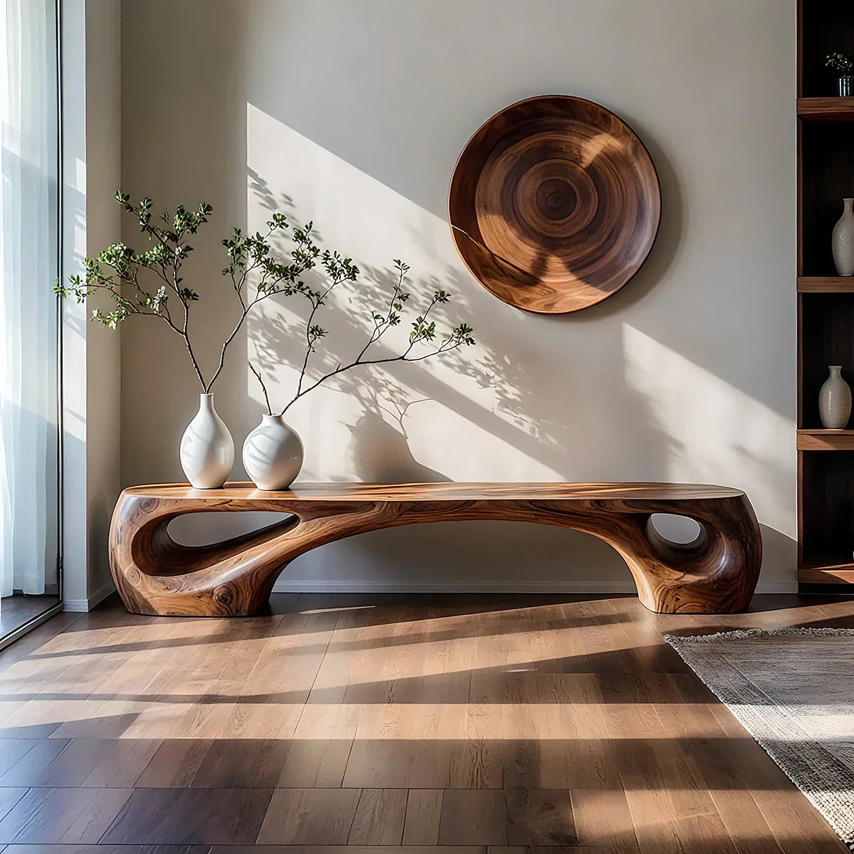 Sculptural Solid Wood Bench with Twin Cutouts for Modern Living Room