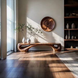 Sculptural Solid Wood Bench with Twin Cutouts for Modern Living Room