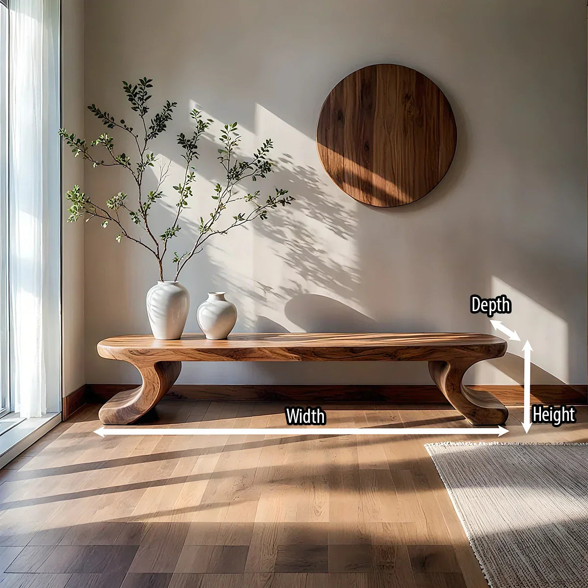 Solid Wood Low Bench with Curved Feet for Japandi Living Room