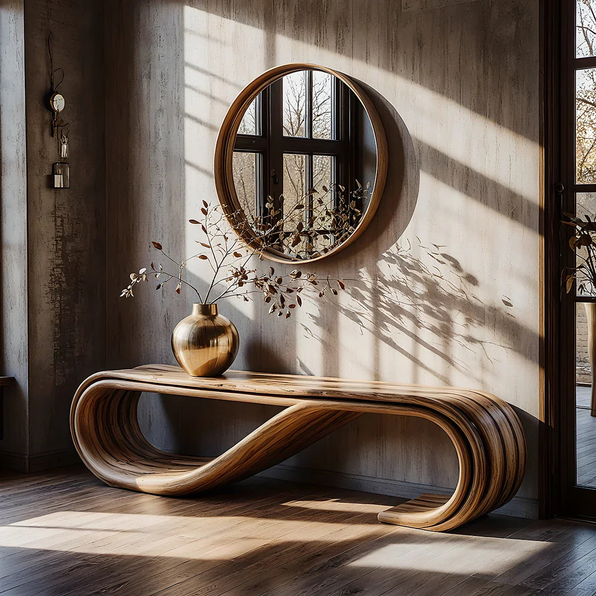 Solid Wood Loop Bench with Wave Curve for Organic Modern Hallway