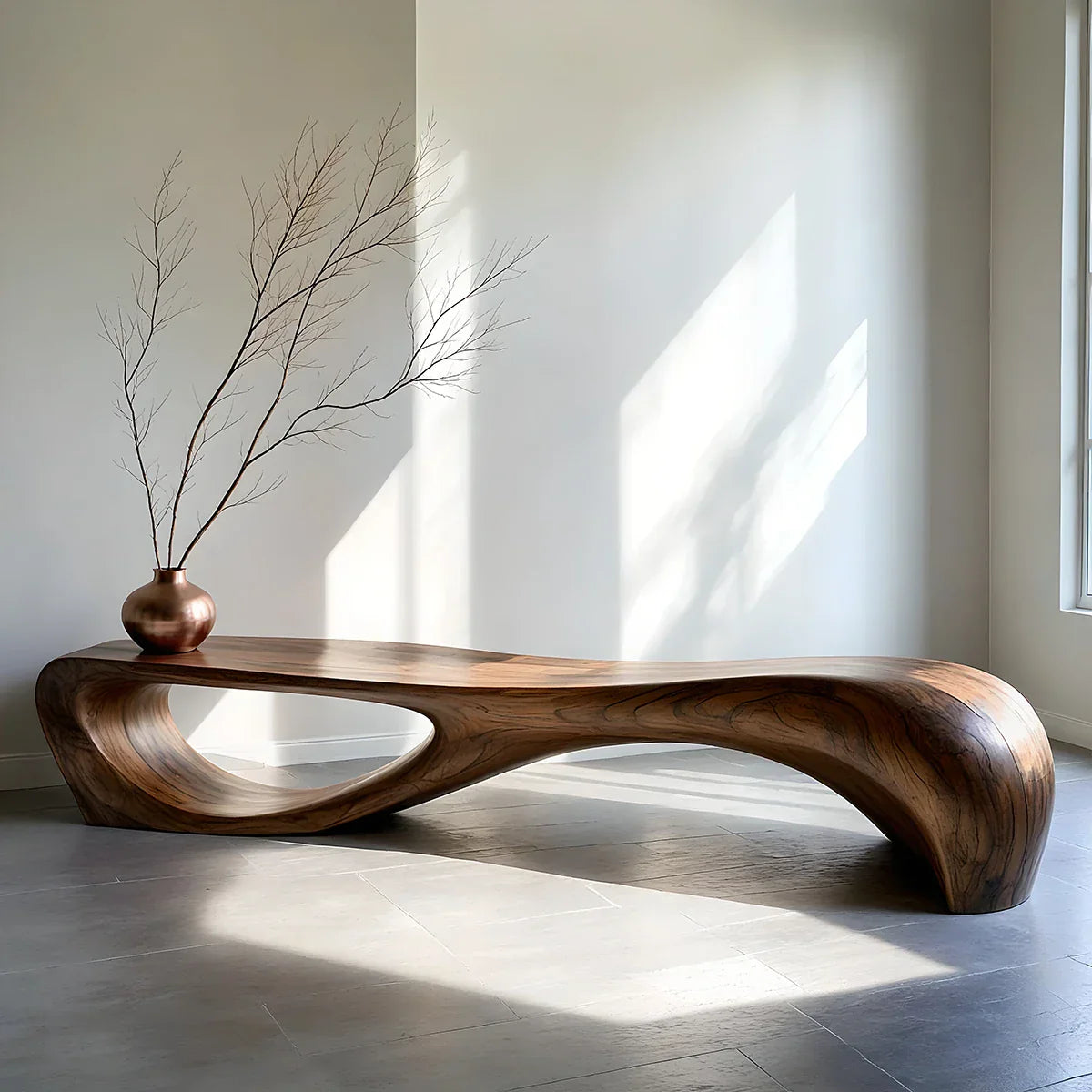 Organic Solid Wood Bench with Flowing Arch Base for Modern Space
