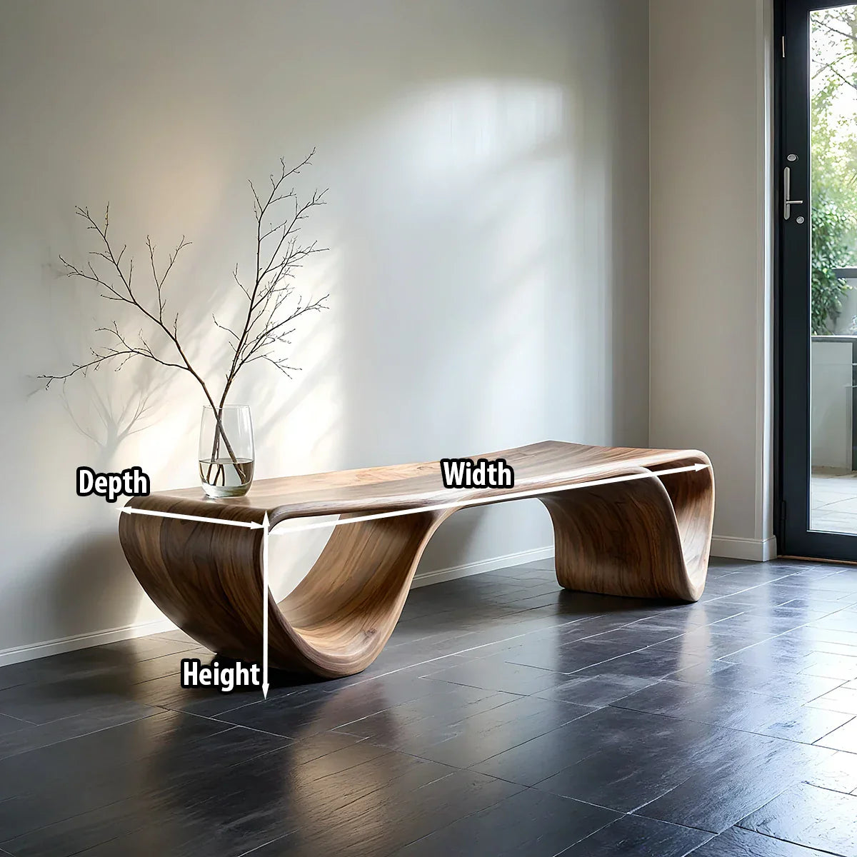 Curved Solid Wood Bench with Open Arch Base for Modern Hallway