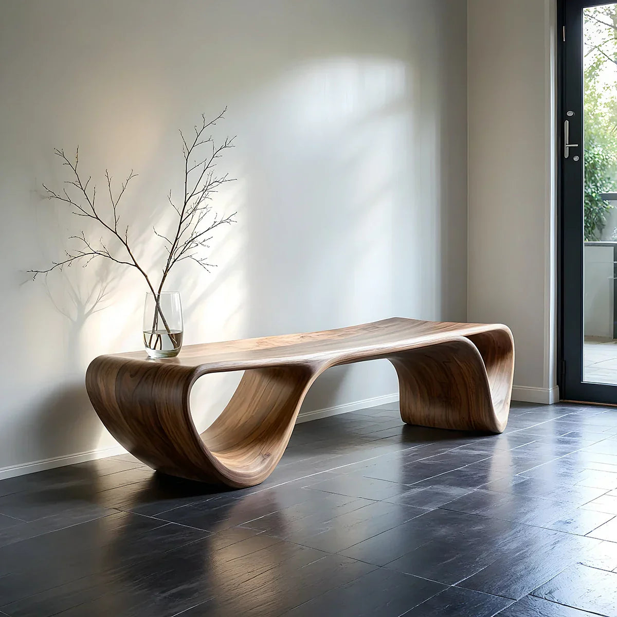 Curved Solid Wood Bench with Open Arch Base for Modern Hallway