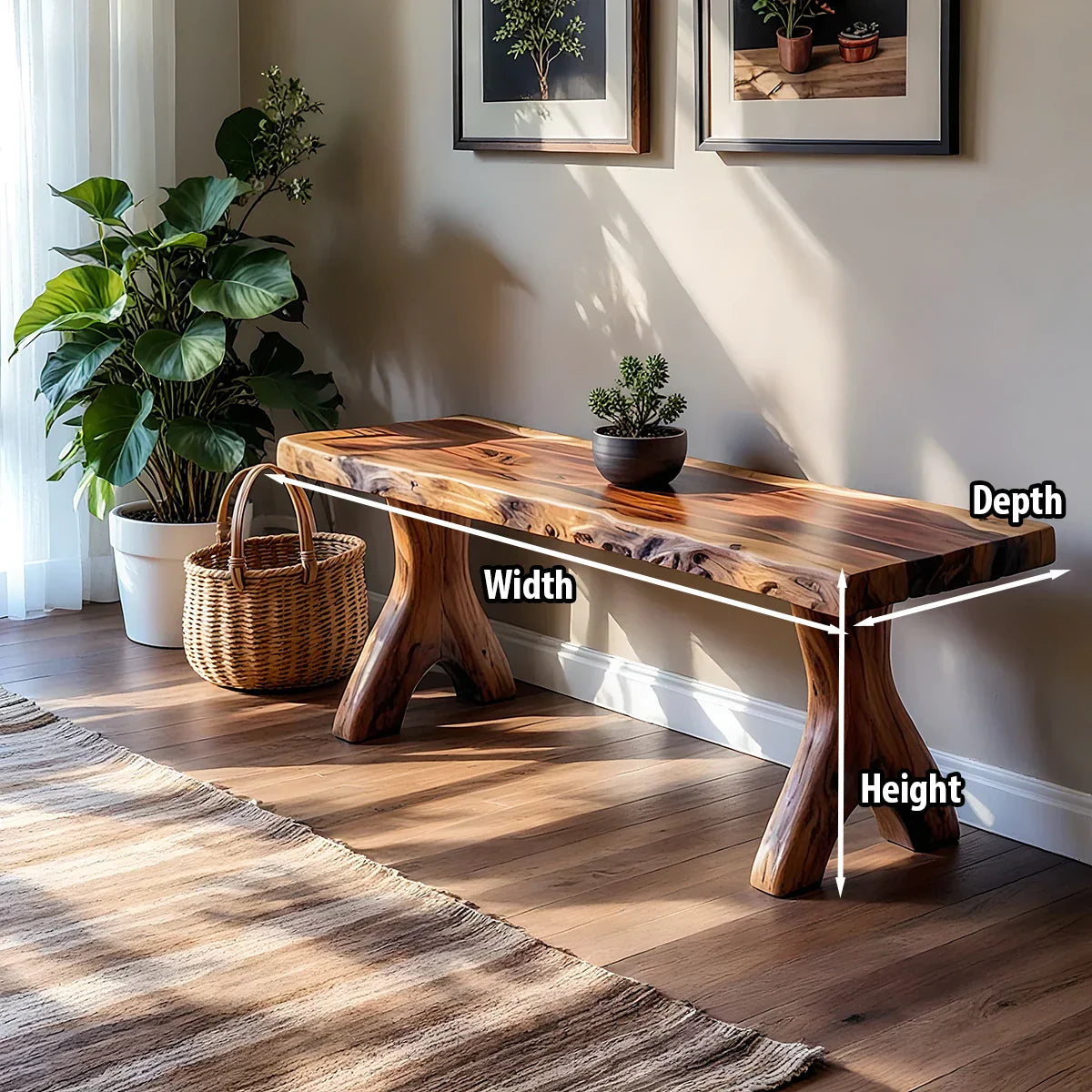Live Edge Solid Wood Bench with Sculpted Legs for Modern Entryway