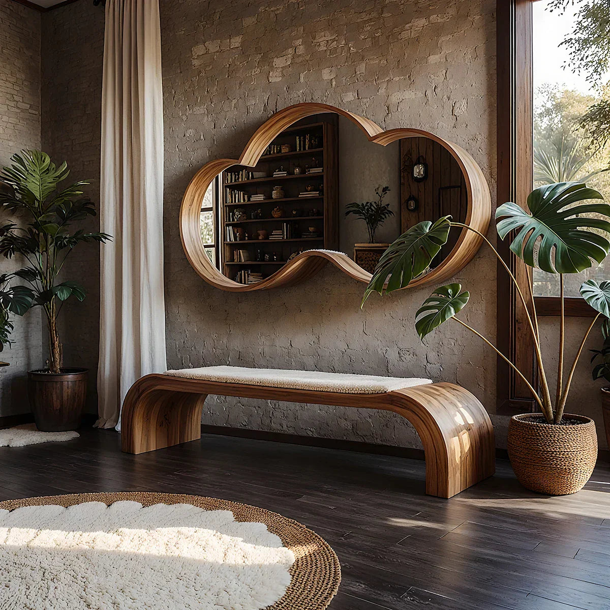 Curved Solid Wood Bench with Sculptural Profile for Modern Entryway