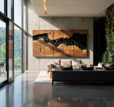 Large Solid Wood River Horizon Panel Wall Sculpture for Modern Living Rooms