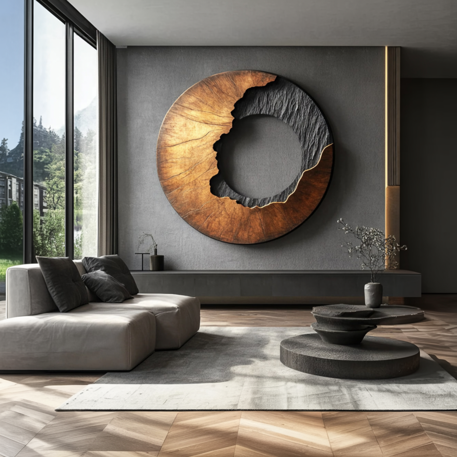 Modern Contrast Round Solid Wood Wall Sculpture for Interior Art