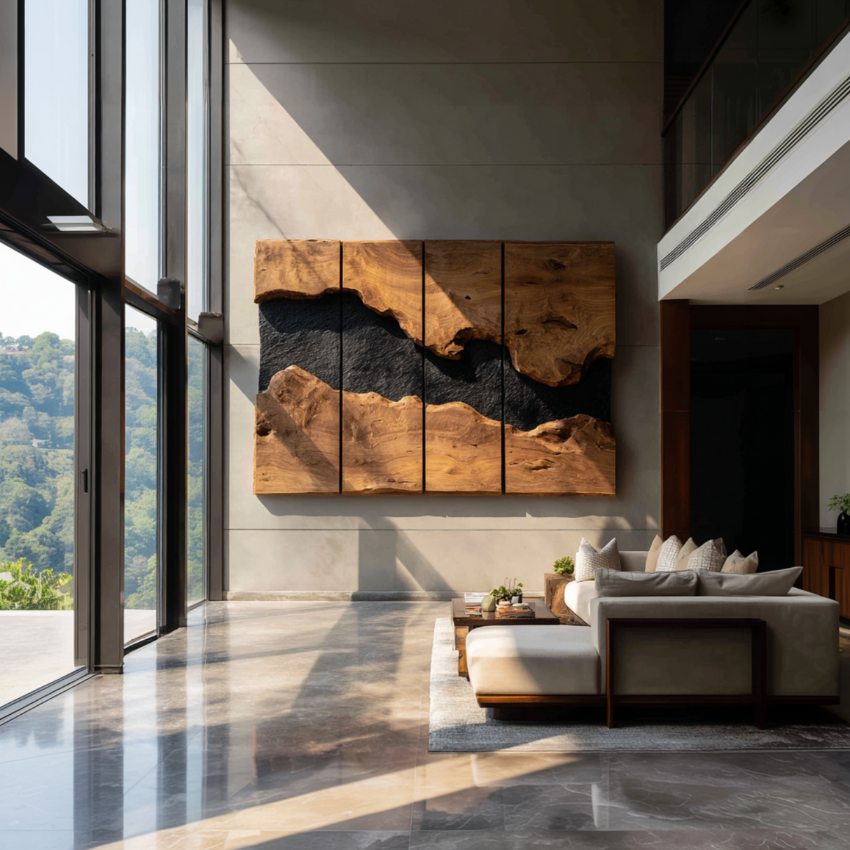 Large Solid Wood River Panel Wall Sculpture for Modern Living Rooms