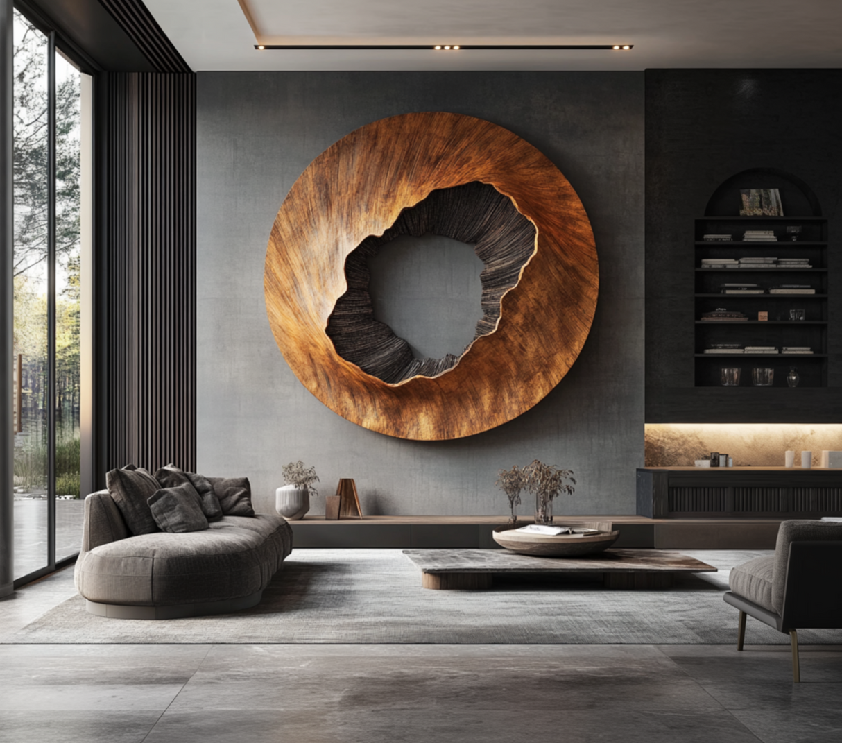 Large Round Solid Wood Wall Sculpture with Textured Center for Modern Interiors