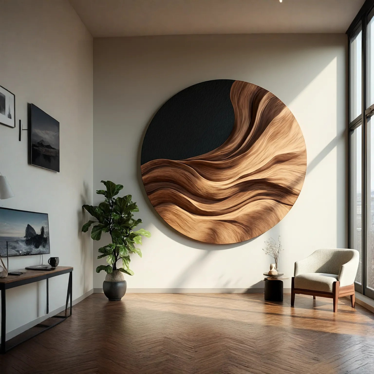 Contemporary Flowing Solid Wood Wall Sculpture for Modern Interiors