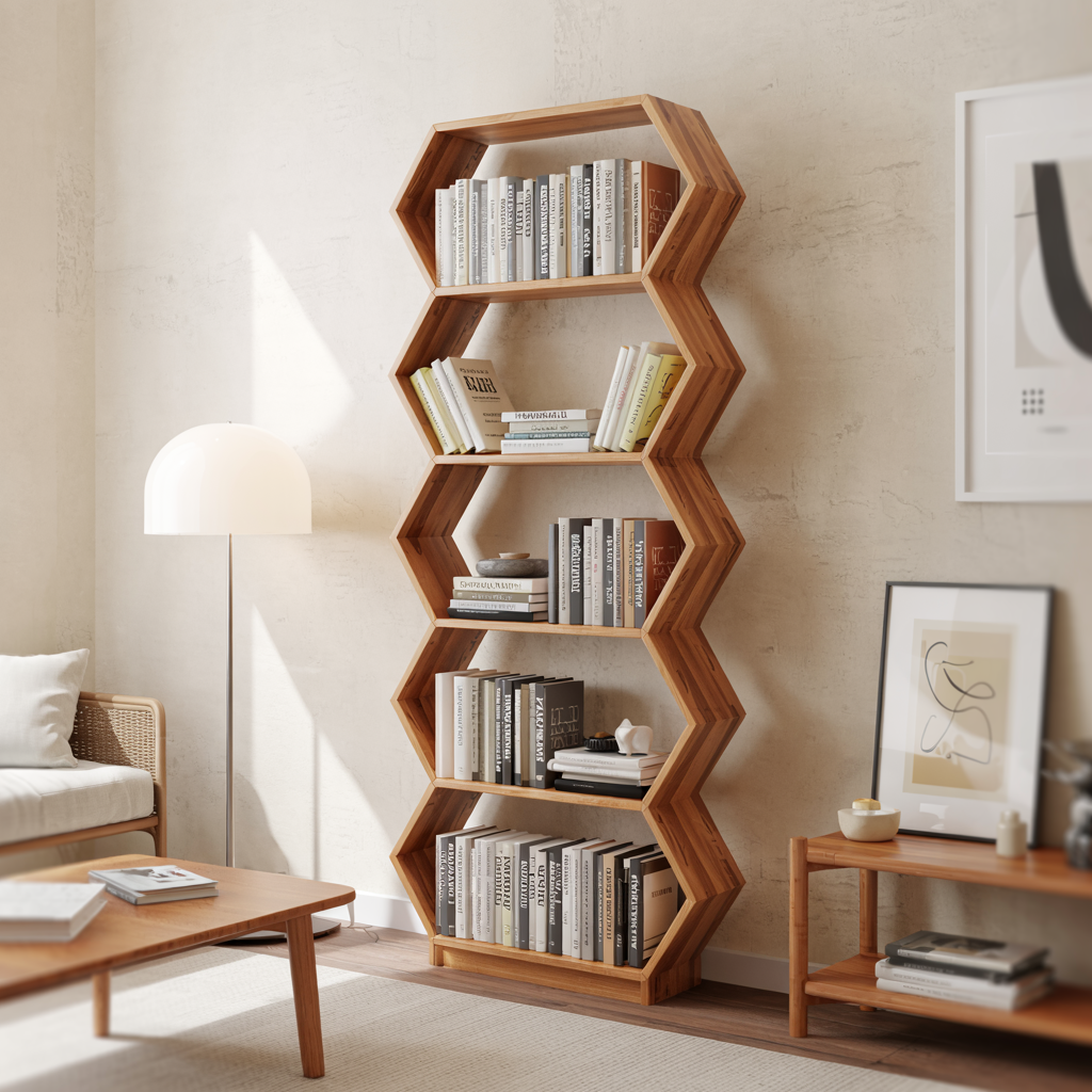 Solid Wood Hexagonal Bookcase with Zigzag Frame for Modern Interior