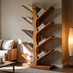 Solid Wood Sculptural Bookcase with Tree-Inspired Shelves for Interior