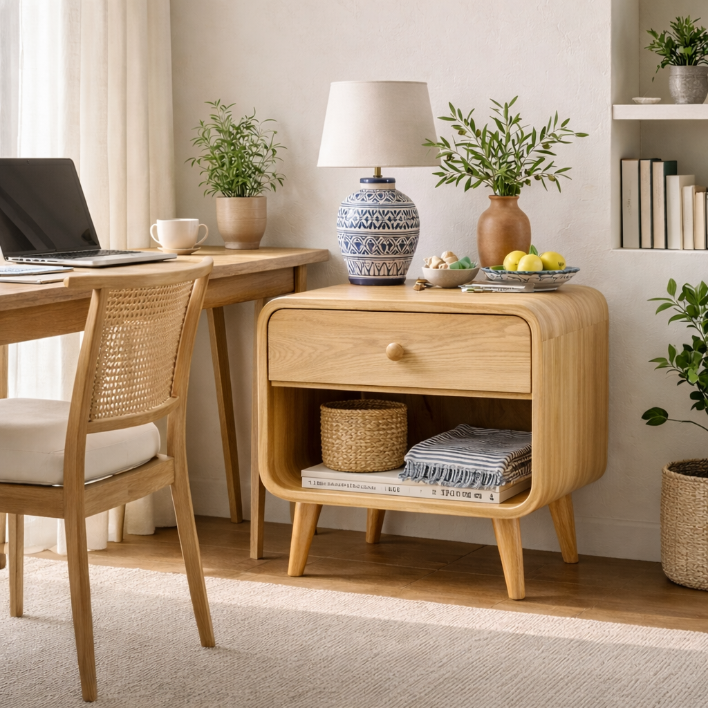 Solid Wood Bedside Cabinet with Upper Drawer Open Lower Shelf and Rounded Profile