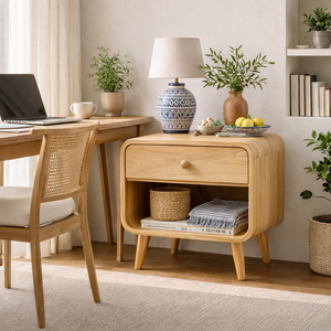Solid Wood Bedside Cabinet with Upper Drawer Open Lower Shelf and Rounded Profile