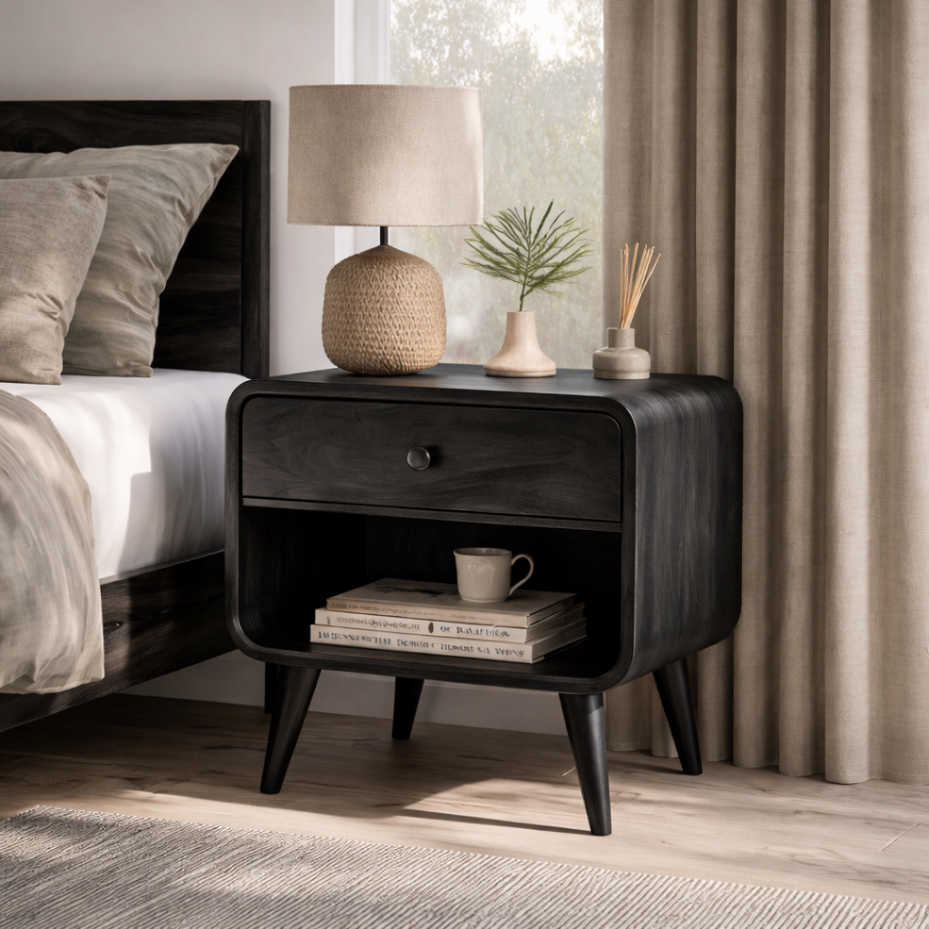 Solid Wood Bedside Cabinet with Upper Drawer Open Lower Shelf and Rounded Profile