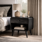 Solid Wood Bedside Cabinet with Upper Drawer Open Lower Shelf and Rounded Profile