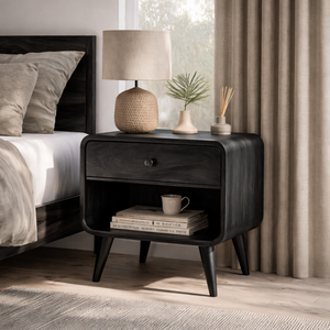Solid Wood Bedside Cabinet with Upper Drawer Open Lower Shelf and Rounded Profile