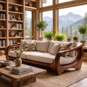 Handcrafted Solid Wood Sofa with Open Sculptural Arms for Living Room