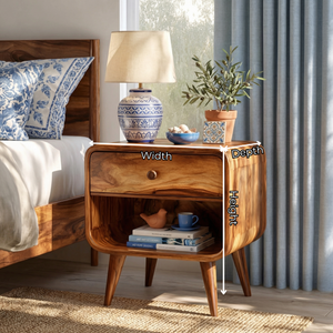 Solid Wood Bedside Cabinet with Upper Drawer Open Lower Shelf and Rounded Profile