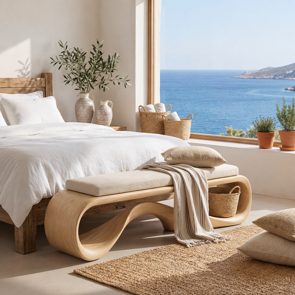 Organic Solid Wood Bench with Wave Open Base for Hallway and Living Space