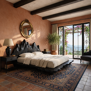 Handcrafted Solid Wood Sculptural Bed with Mountain-Inspired Headboard