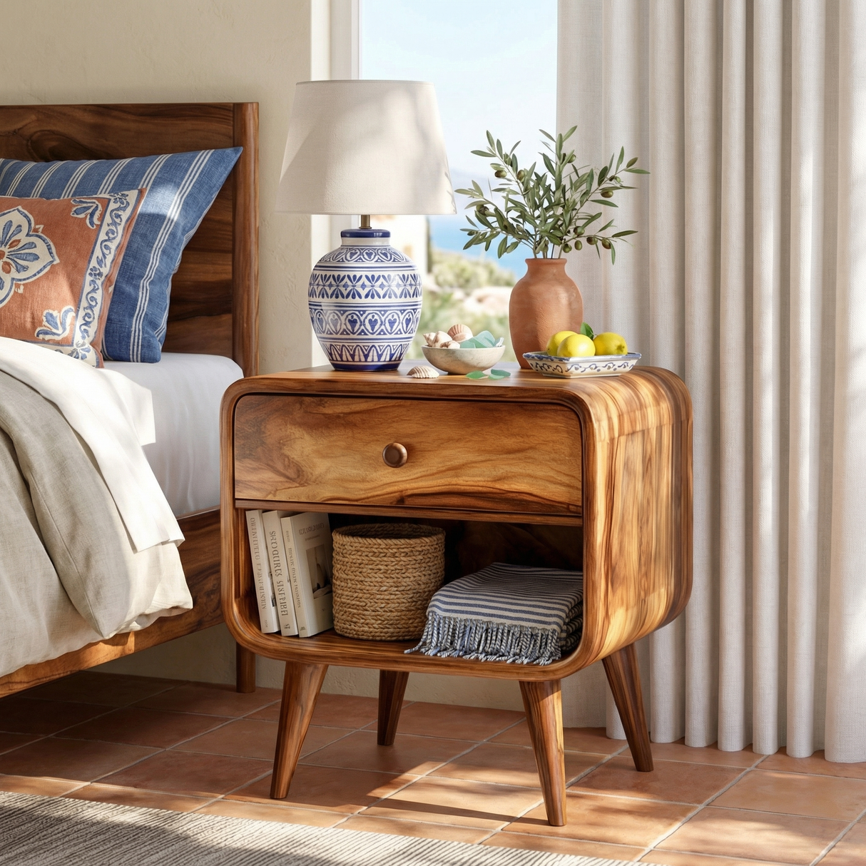 Solid Wood Bedside Cabinet with Upper Drawer Open Lower Shelf and Rounded Profile